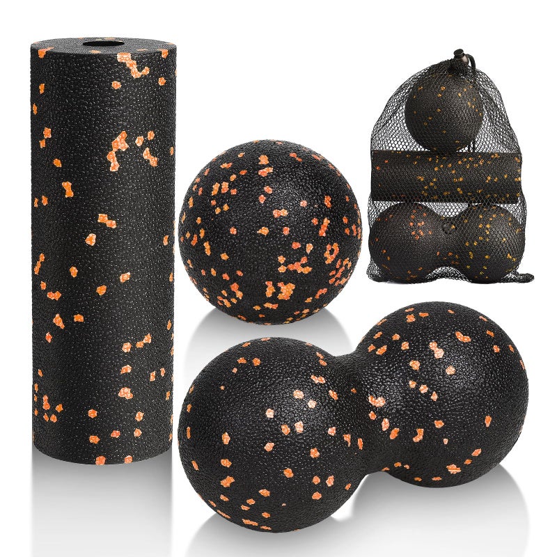 LOPHE 3-in-1 Massage Set - Foam Roller, Peanut Ball & Double Lacrosse Balls - Relieve Muscle Tension, Orange